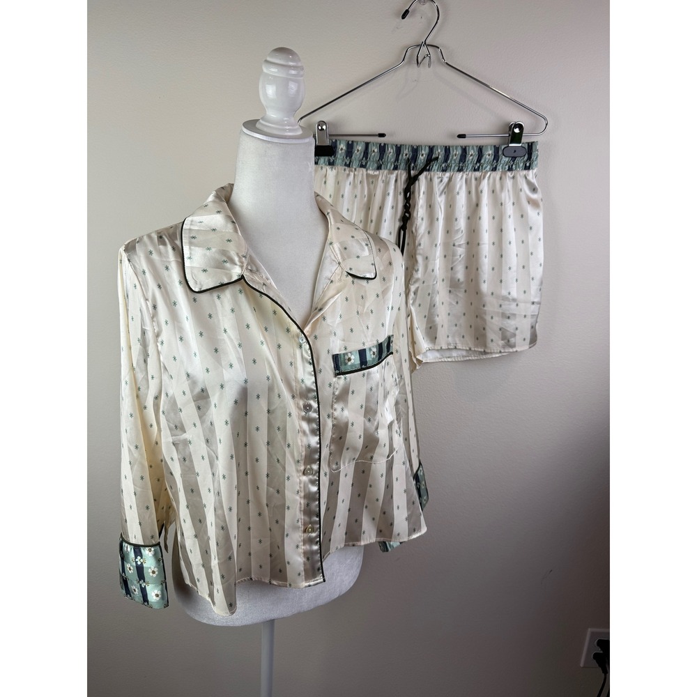 Free people Cream Floral Satin Pajama Set Long Sleeve Button Up Top &  Shorts
